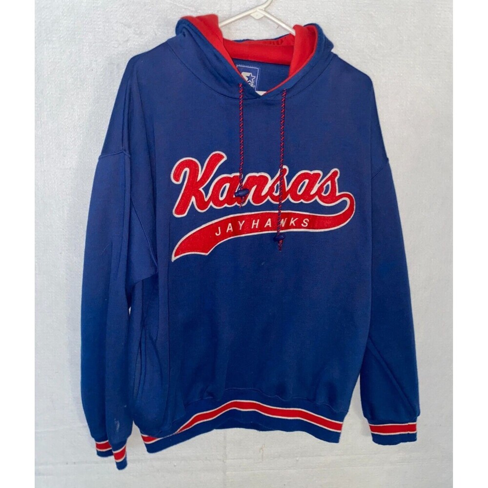 Vintage 90s Kansas Jayhawks College Starter Script Spellout Hoodien Men's Sz L